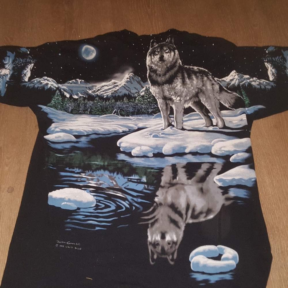 Vtg 95 Liquid Blue 2 sided Timber Wolf All Over XL